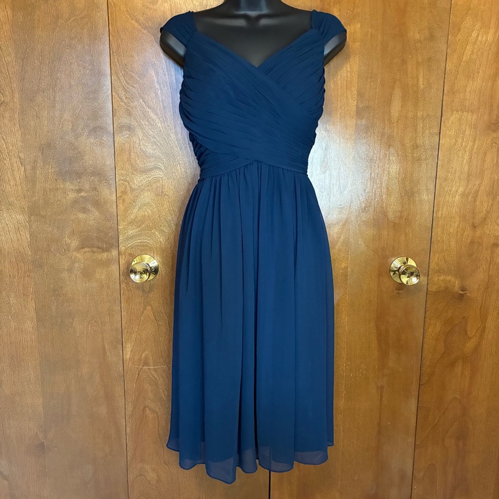 Azazie Navy Blue Midi Bridesmaid Cocktail Dress